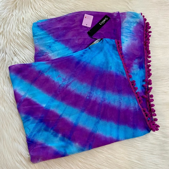 NWT Gypsy 05 Sand Purple & Blue Tie Dye Scarf with PomPoms - Picture 3 of 5